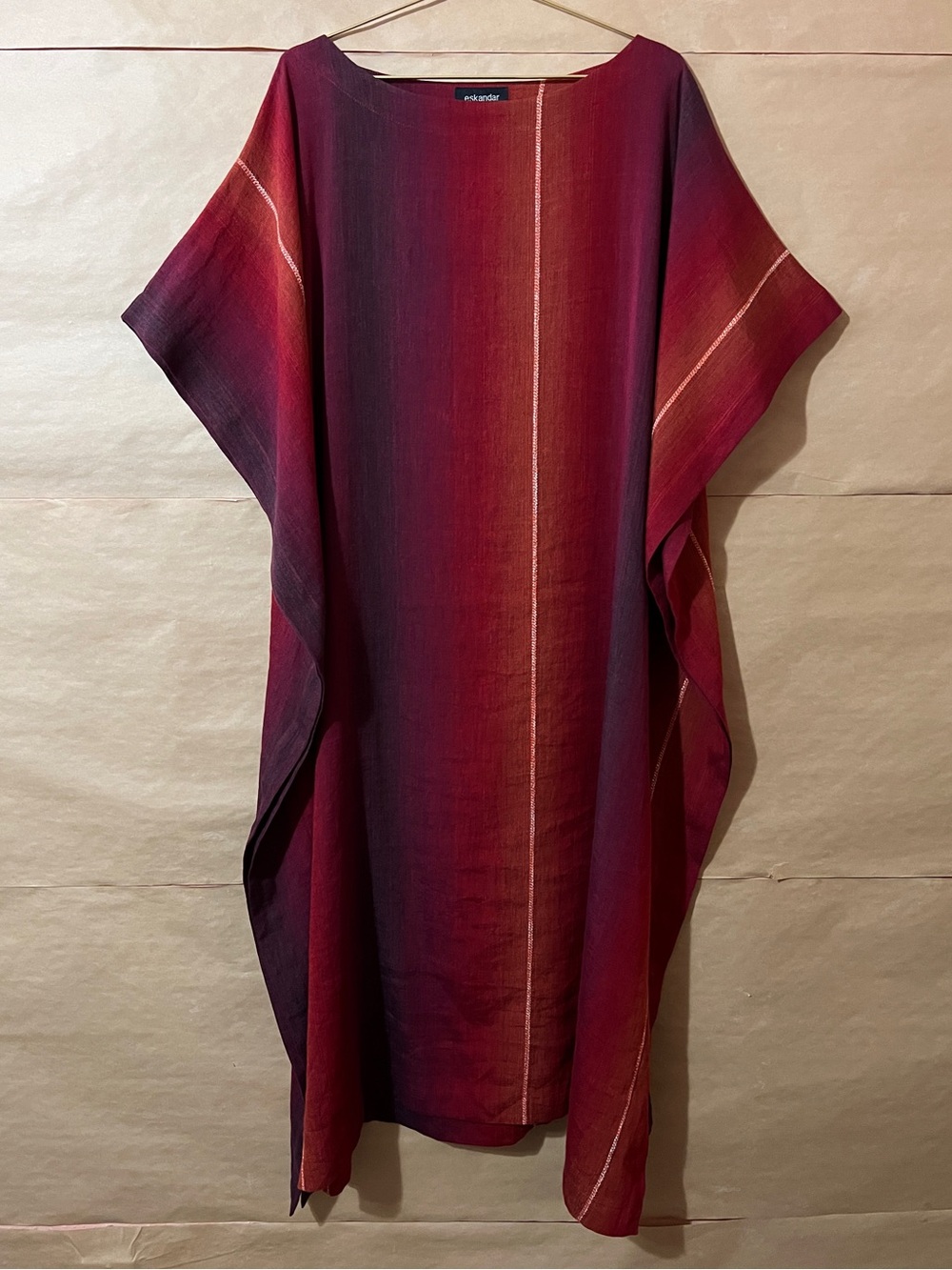 Eskandar Linen Kaftan Popover Midi Dress Oversized Lagenlook Red Ombre One Size